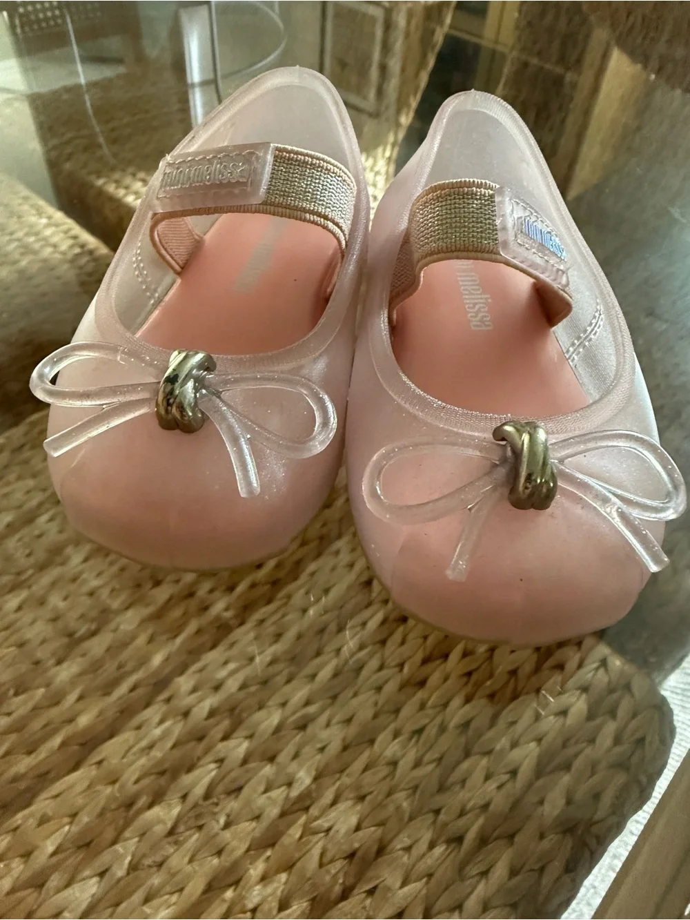 Girls Pink Mini Melissa Mary Jane Ballet Flats with Gold Accent and Bow Size 5T